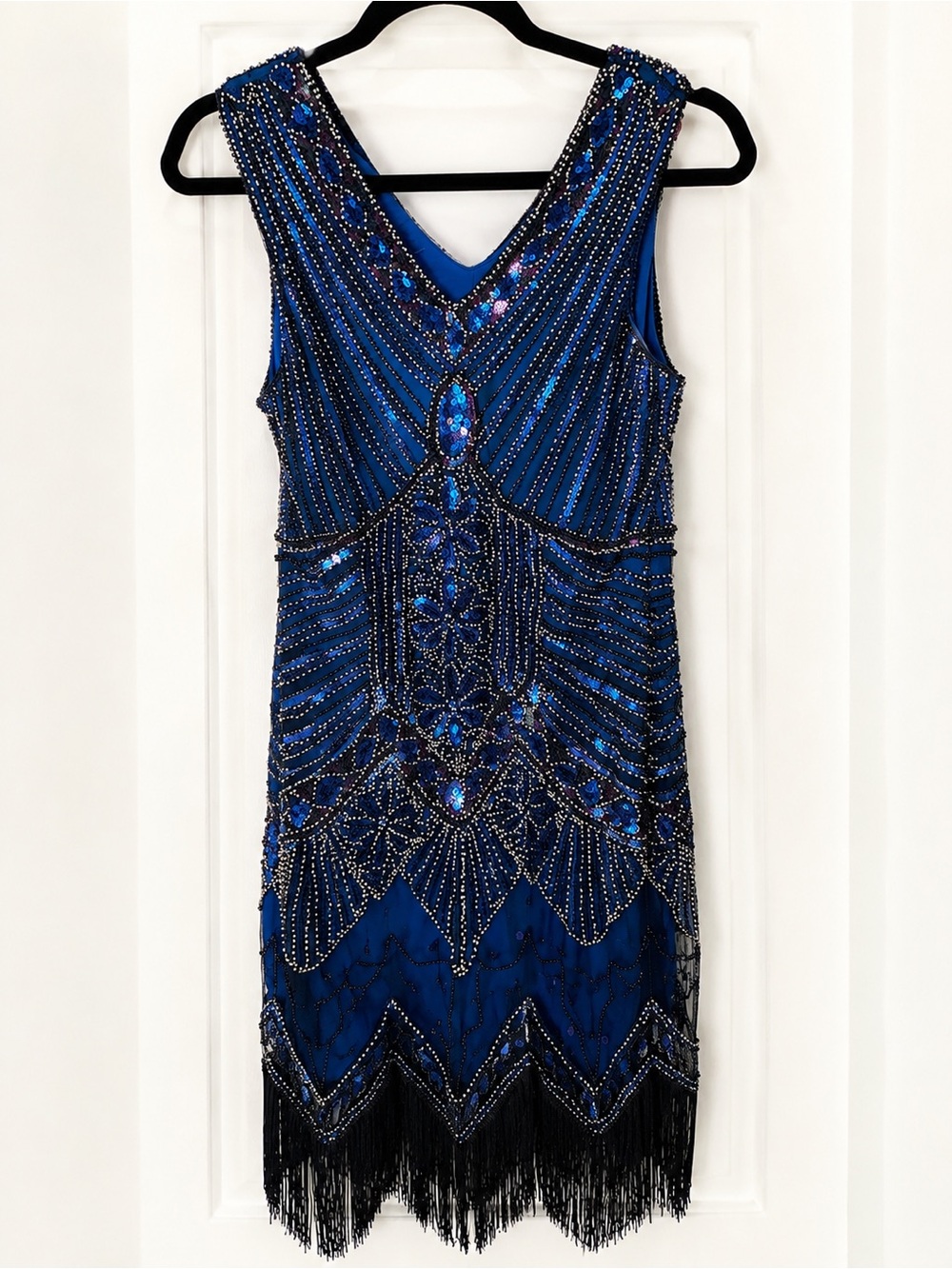 Vintage Blue & Black Beaded Sequin Fringe Cocktail Dress Art Deco flapper style